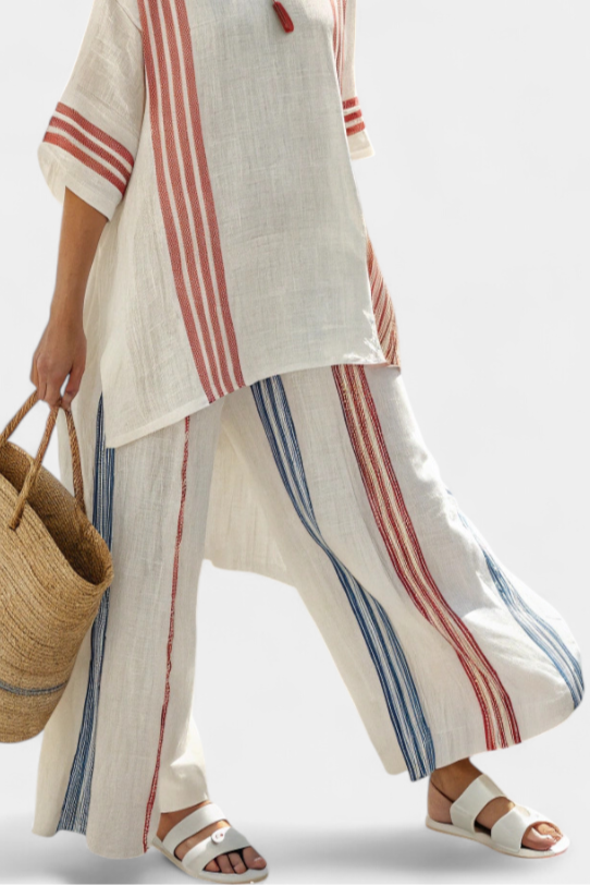 Solvane | Haut à Rayures Multicolores Sophistiqué & Pantalon Méditerranéen