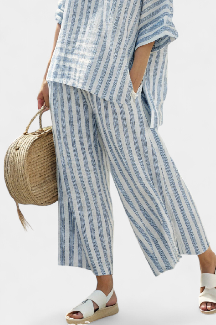Rensleigh | Haut en lin rayé bleu sophistiqué & Pantalons décontractés