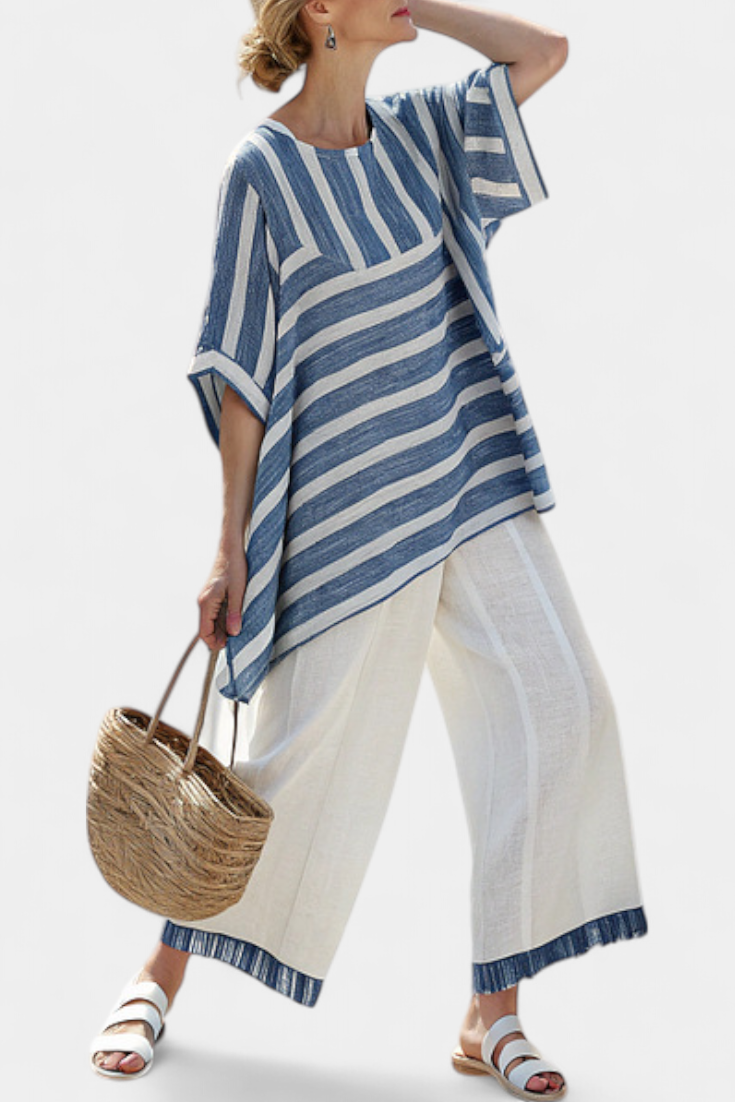Corvielle | Haut Rayé Bleu Sophistiqué & Pantalon Détail Ourlet