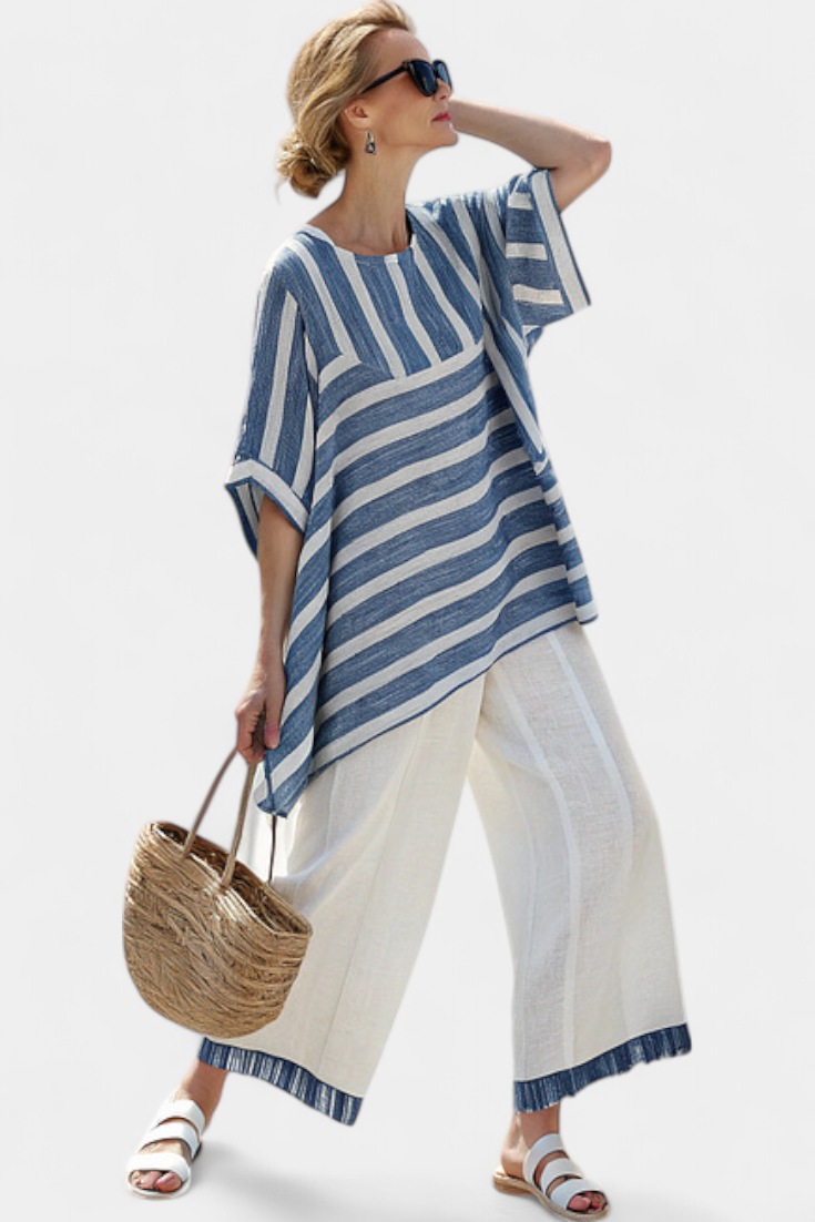 Corvielle | Haut Rayé Bleu Sophistiqué & Pantalon Détail Ourlet