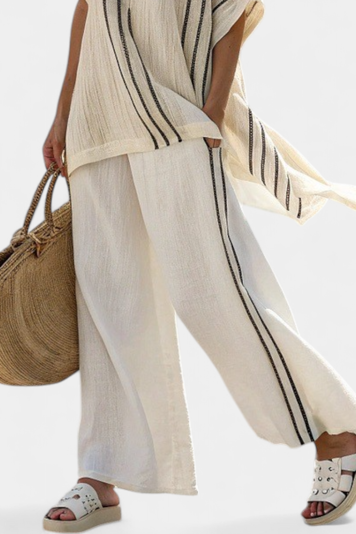 Greysen | Blouse en Lin Ivoire Élégante & Pantalons Rayés Noirs