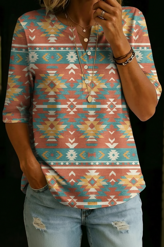 Haut en Coton à Manches Mi-Longues avec Imprimé Géométrique Aztec Vintage pour Femmes