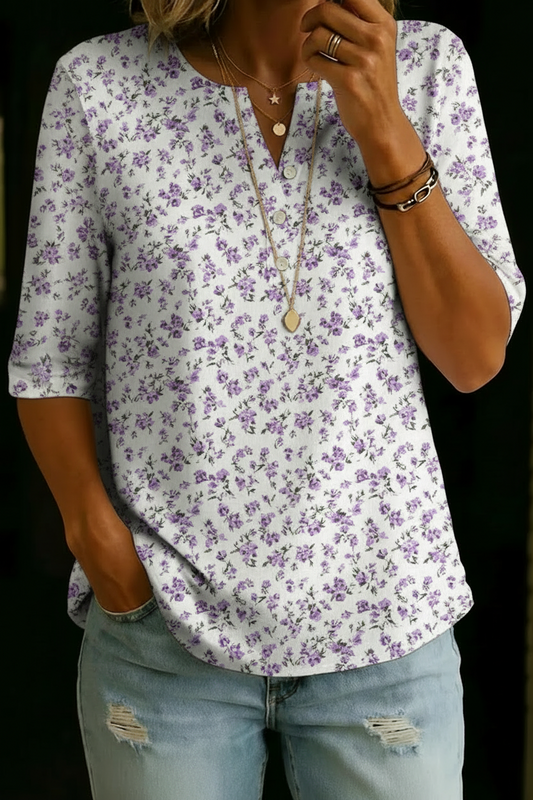 Haut Henley en Mélange Coton Blanc Violet à Imprimé Floral Ditsy à Manches Mi-Longues