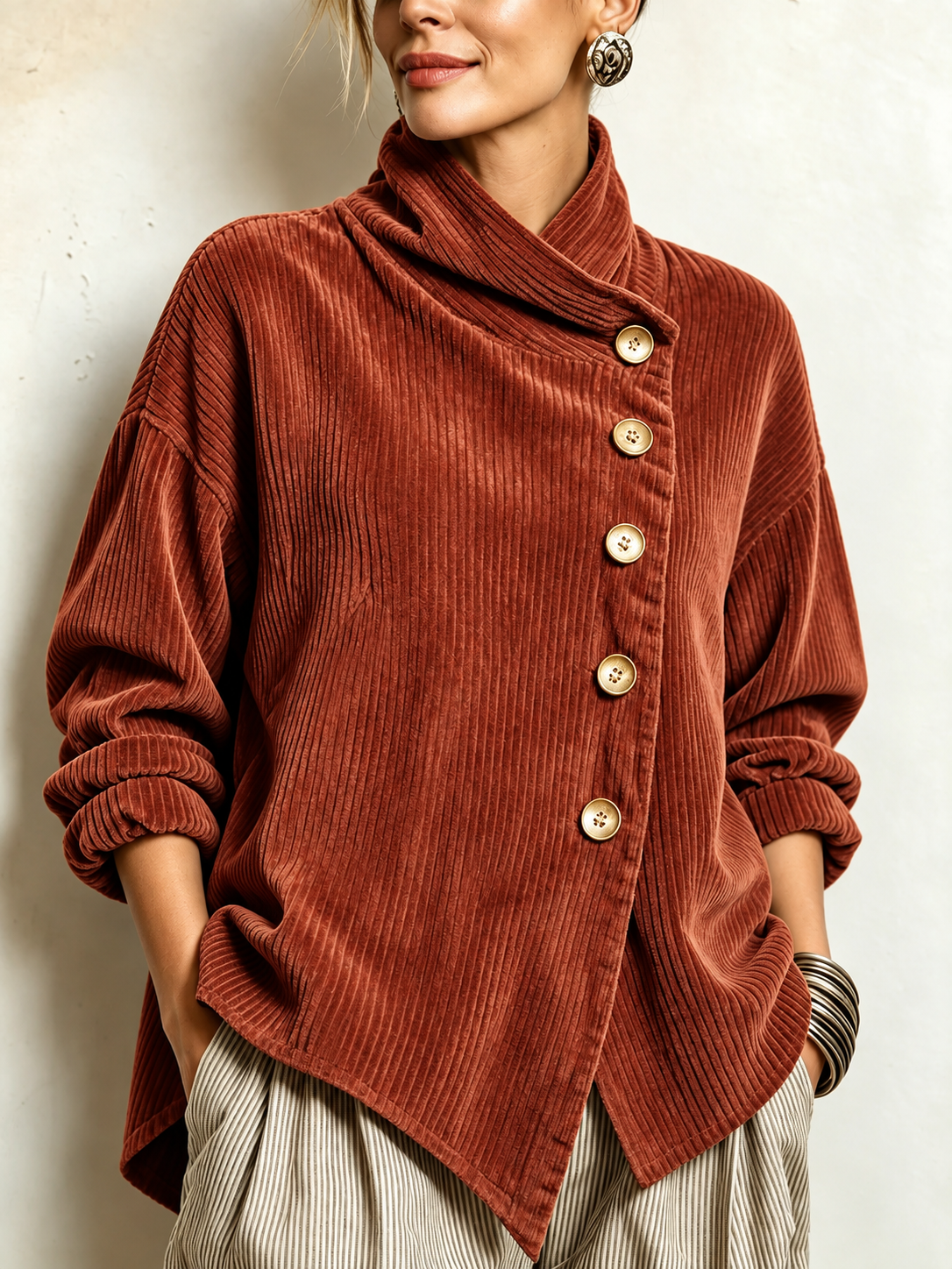 Olivia | Corduroy Button-Up Top – Terracotta