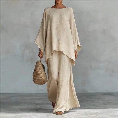 Lovina | Ensemble de pantalons larges à jambes longues en lin avec manches longues