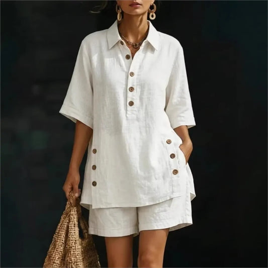 Solena | Chemise courte à manches courtes avec col à revers et pantalons avec poches fendues