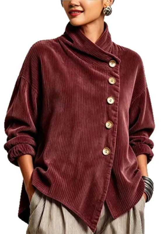 Olivia | Corduroy Button-Up Top – Burgundy