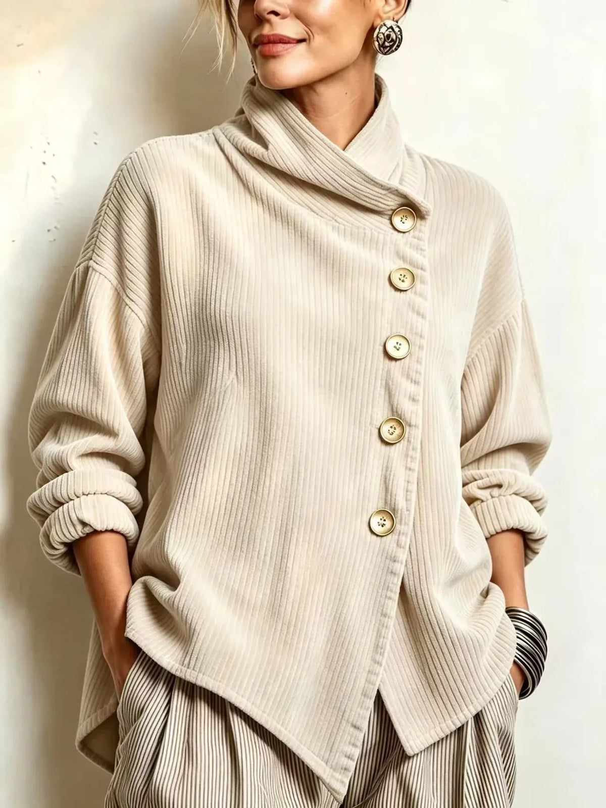 Olivia | Corduroy Button-Up Top – Cream