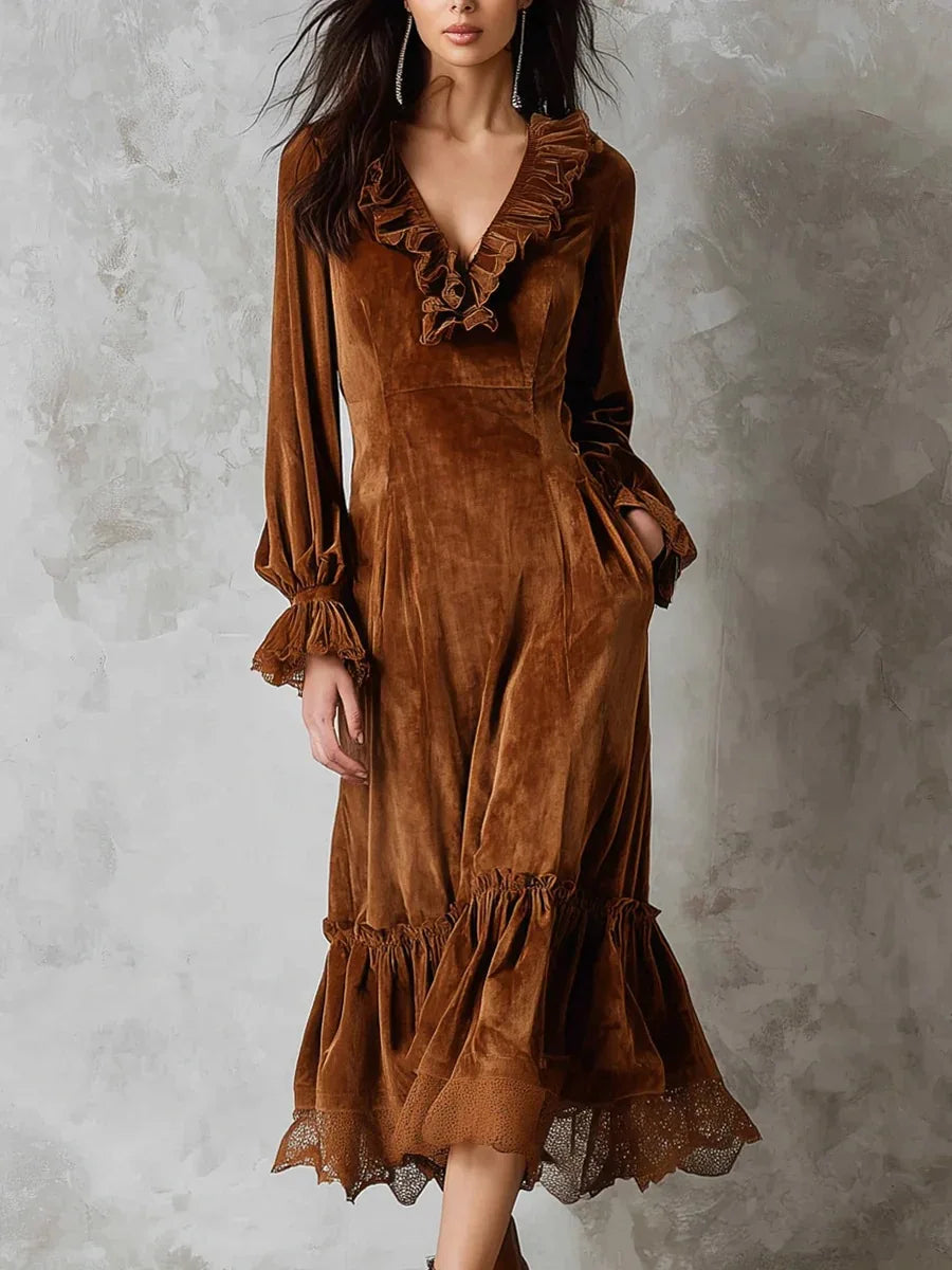 Veloria | Dress with Lace Trim & Lantern Sleeves
