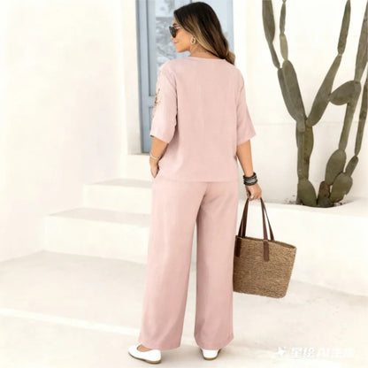 Felena | Ensemble de Pantalons Élégants à Jambe Large Brodés Rétro