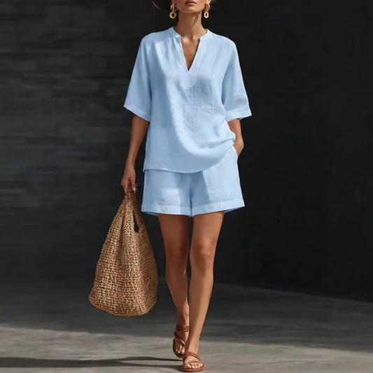 Liorna | Long Sleeve Blouse with Drawstring and Ruffled Shorts