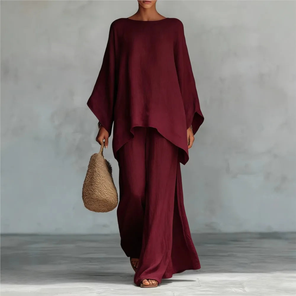Lovina | Ensemble de pantalons larges à jambes longues en lin avec manches longues
