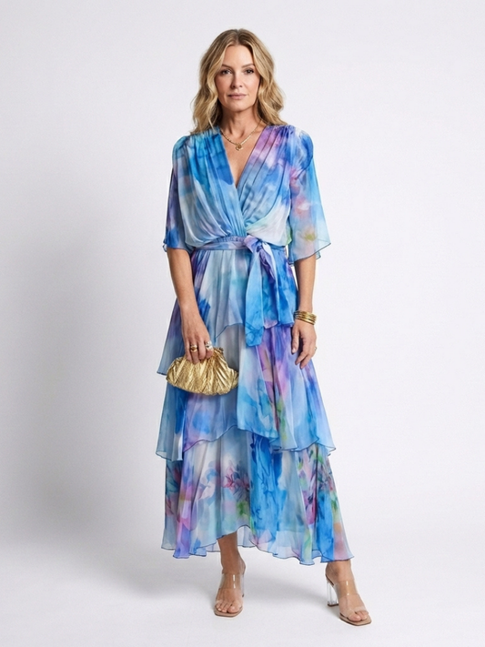 Calista | Robe Maxi V Neck à Taille Liée et Superposée