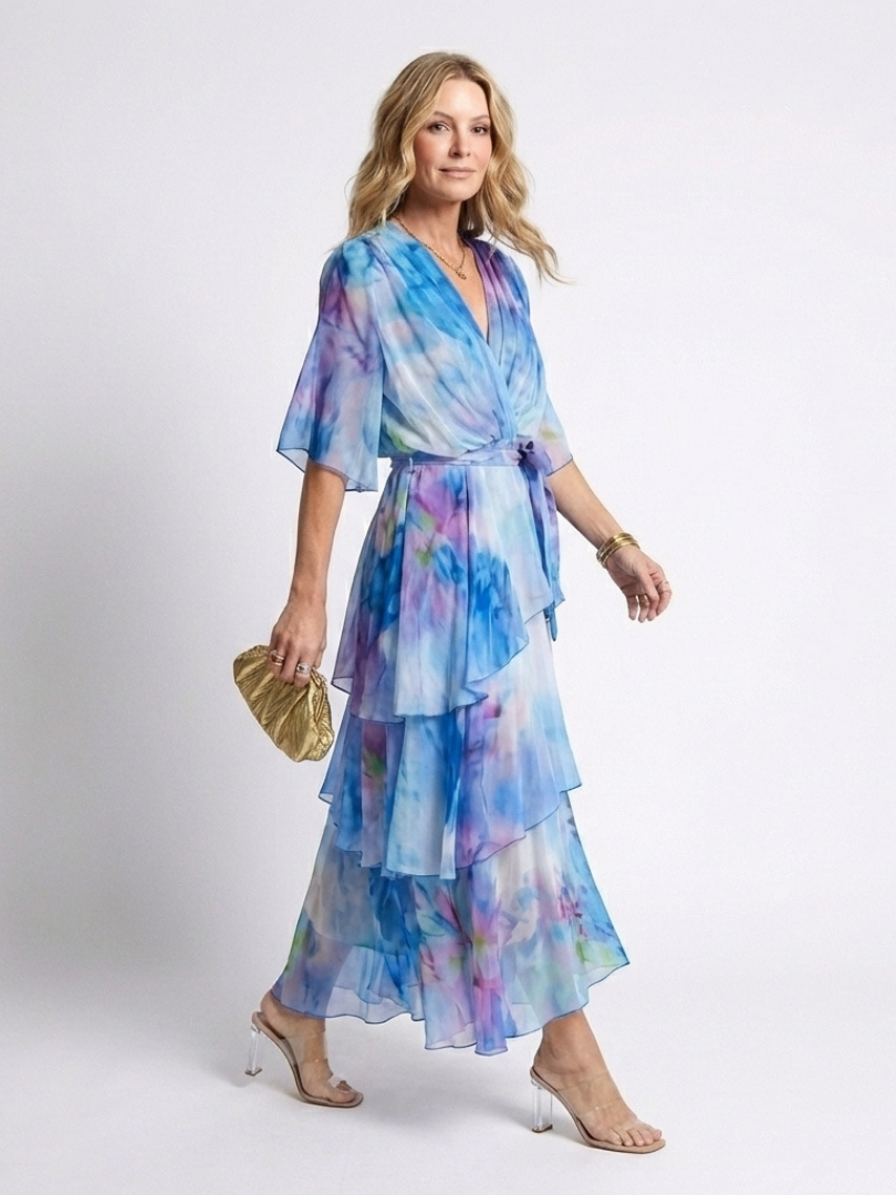 Calista | Robe Maxi V Neck à Taille Liée et Superposée