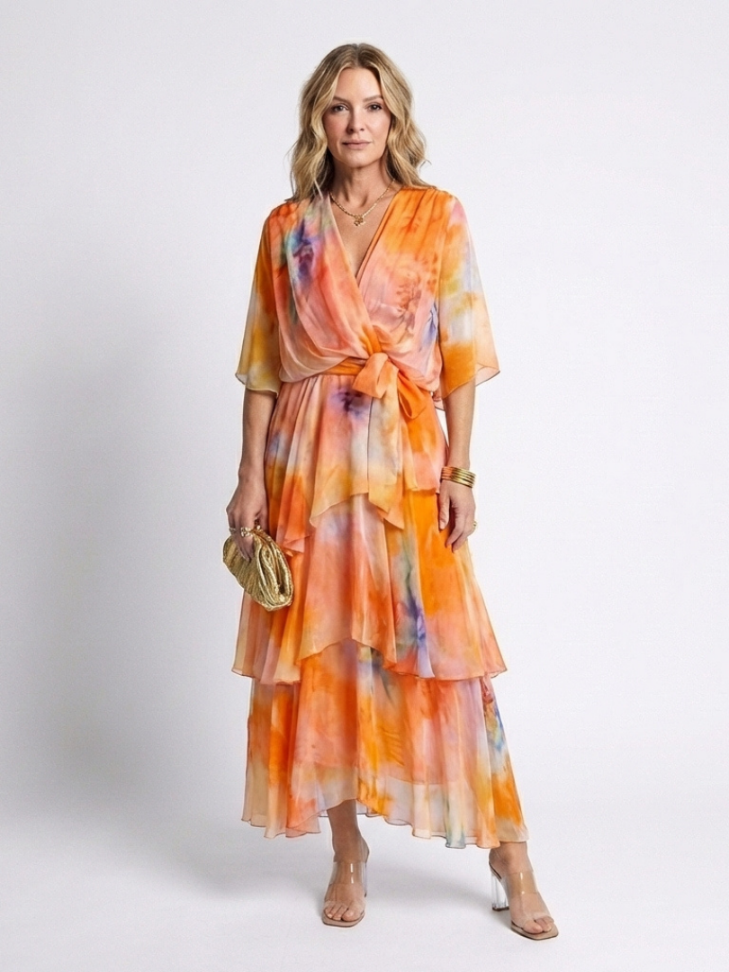 Calista | Robe Maxi V Neck à Taille Liée et Superposée