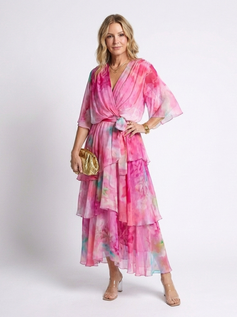 Calista | Robe Maxi V Neck à Taille Liée et Superposée