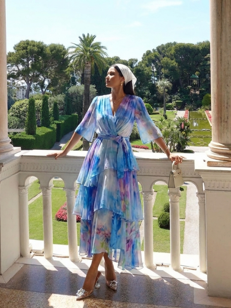 Calista | Robe Maxi V Neck à Taille Liée et Superposée