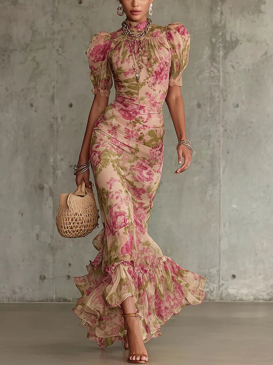 Mae | Robe Maxi à Manches Bouffantes Imprimée Rose Vintage