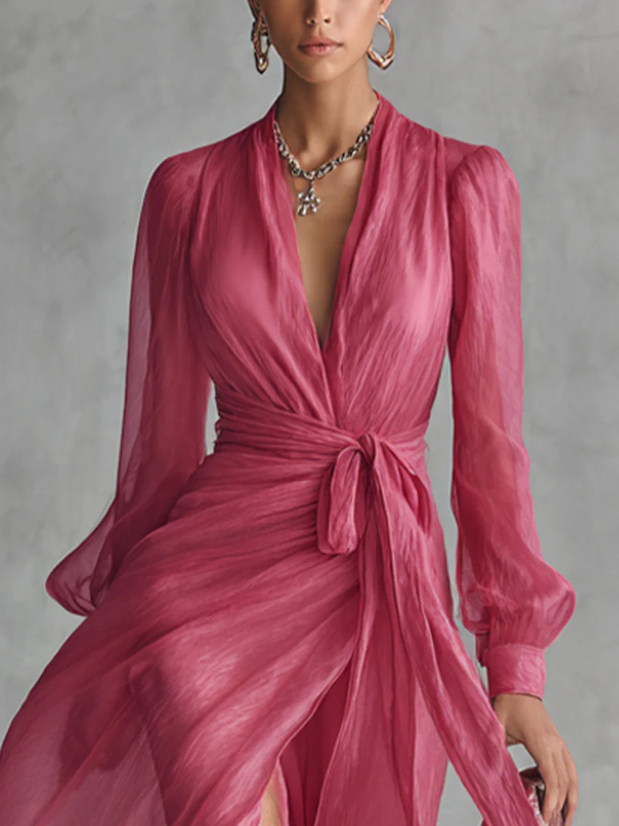Beatrice | Robe Longue Élegante en Chiffon à Décolleté en V et Ceinture à Nouer