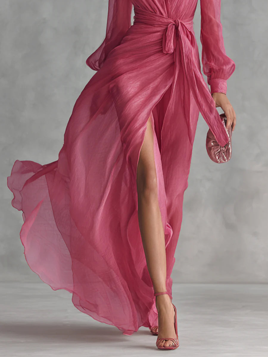 Beatrice | Robe Longue Élégante en Chiffon à Décolleté en V et Ceinture