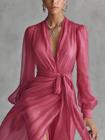 Beatrice | Robe Longue Élégante en Chiffon à Décolleté en V et Ceinture