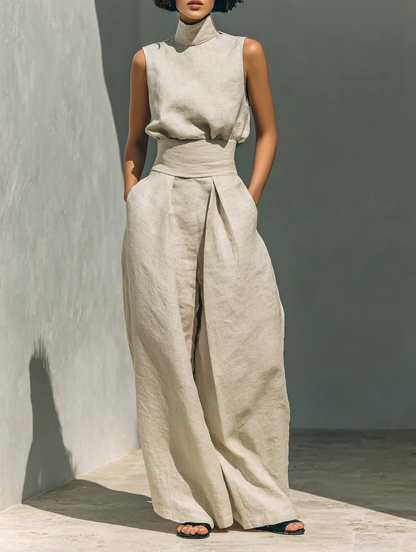 Aurora | Ensemble Co-Ord Beige Détendu Sans Manches à Pantalon Large