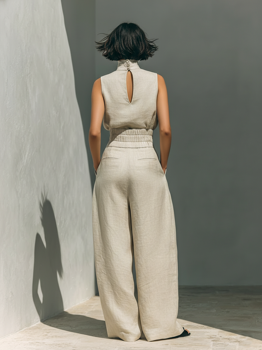 Aurora | Ensemble Co-Ord Beige Détendu Sans Manches à Pantalon Large