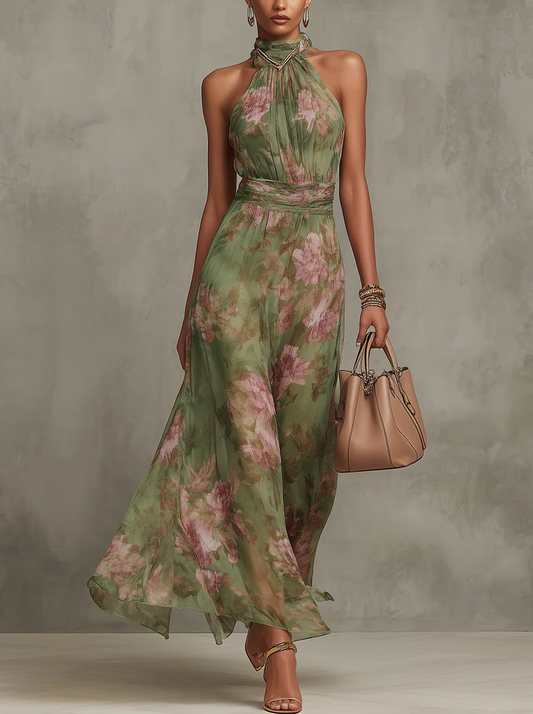 Serena ∙ Robe longue verte à fleurs en chiffon avec décolleté halter