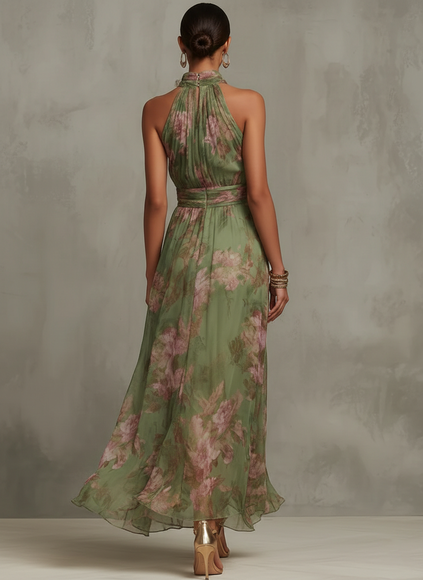 Florence | Robe Maxi Chiffon Floral Verte à Bretelles