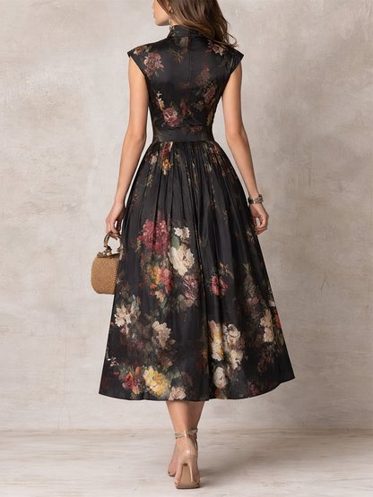 Patricia | Robe Midi Plissée Satin Noir à Fleurs