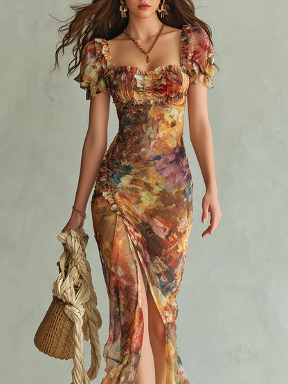 Viola | Robe longue en chiffon orange avec imprimé de peinture à l'huile de style bohème