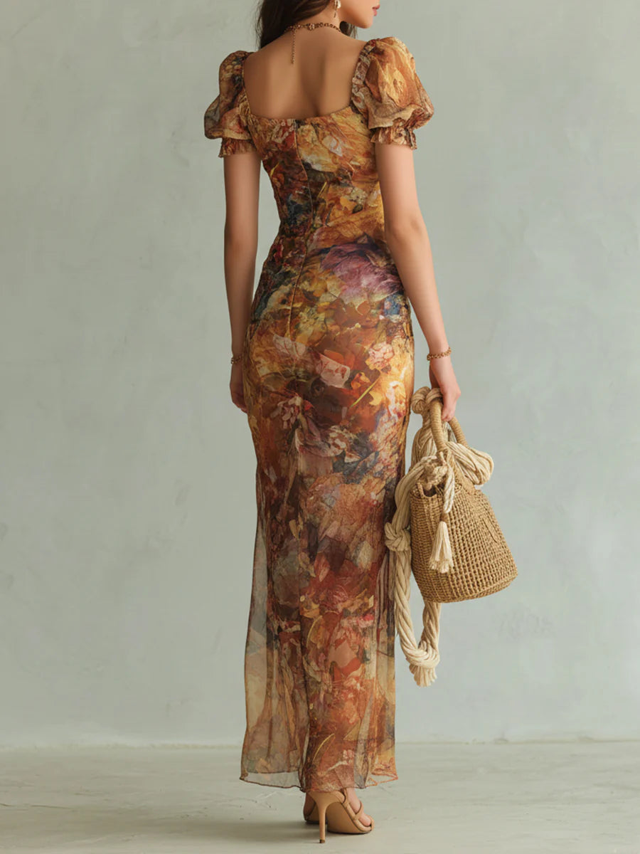 Viola | Robe longue en chiffon orange avec imprimé de peinture à l'huile de style bohème