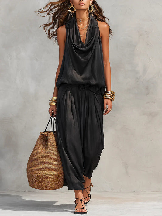 Ensemble Top à Col Halter et Pantalons Plissés