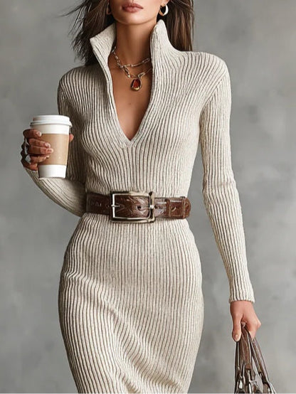 Gabriela | Robe Midi en Tricot avec Ceinture et Col Montant