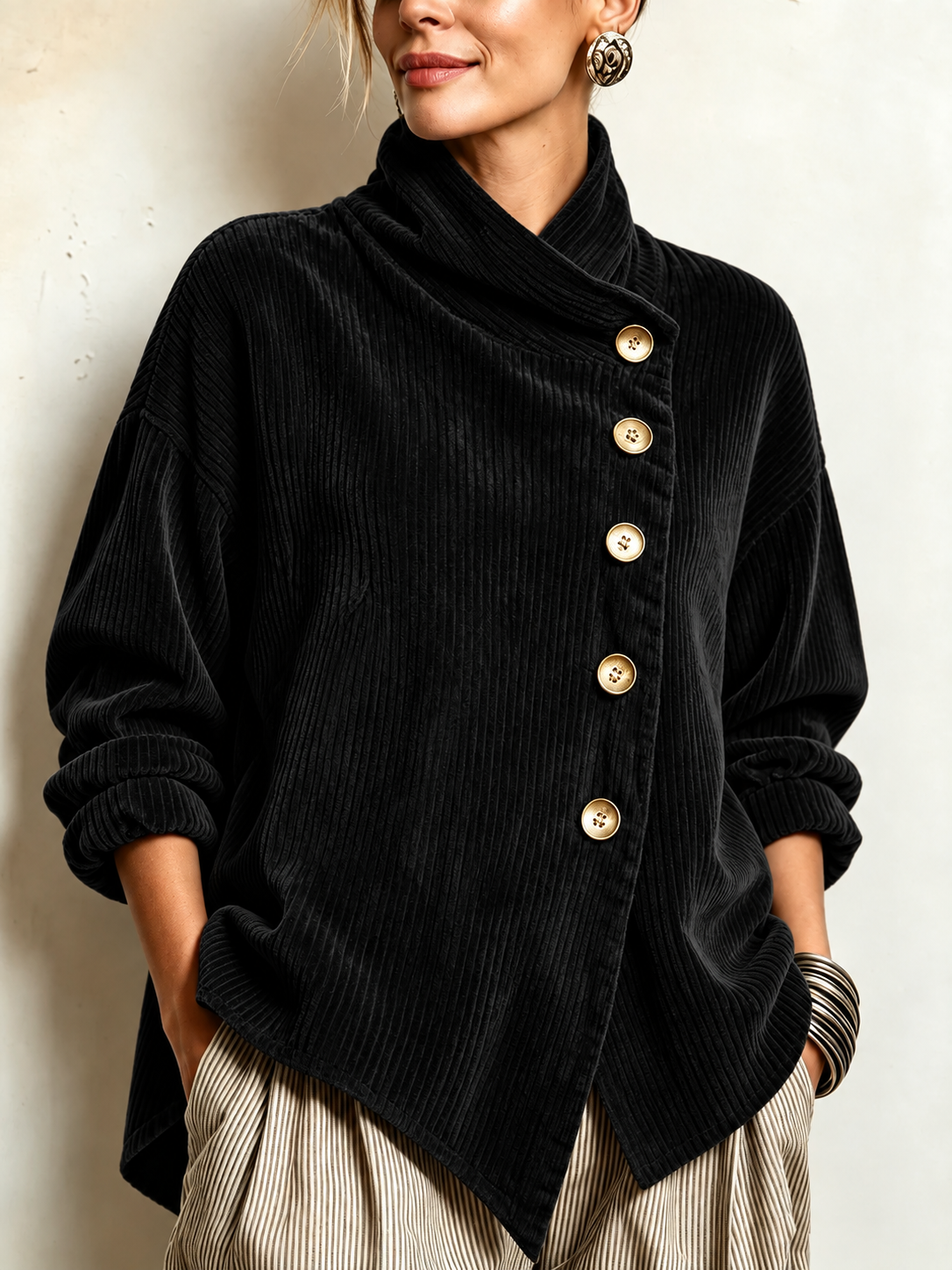 Olivia | Corduroy Button-Up Top – Black