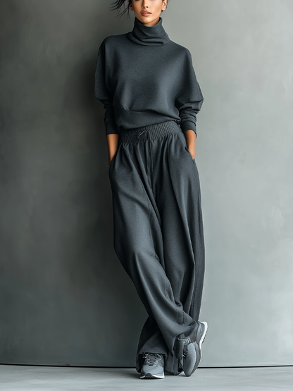 Ensemble Tricot Charbon pour Femmes avec Col Montant et Pantalons Amples