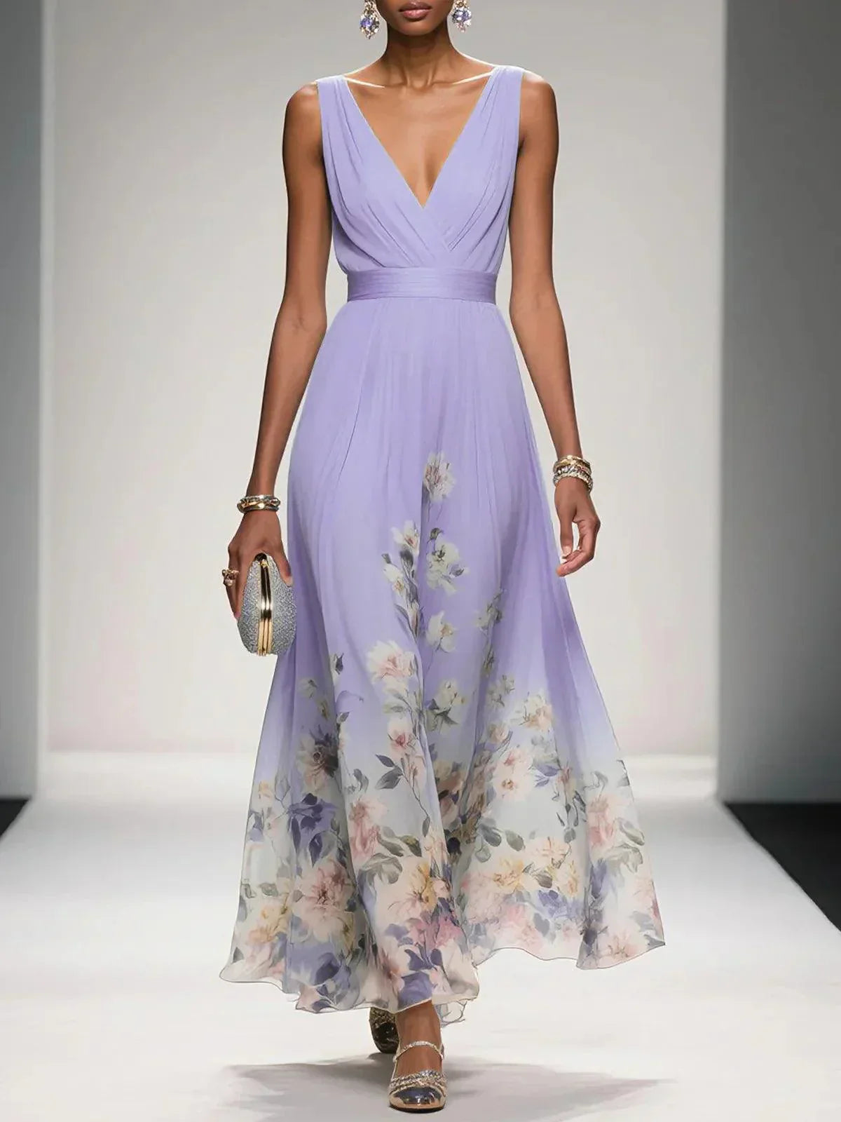 Robe Maxi V-Neck en Chiffon Floral Bleu Clair