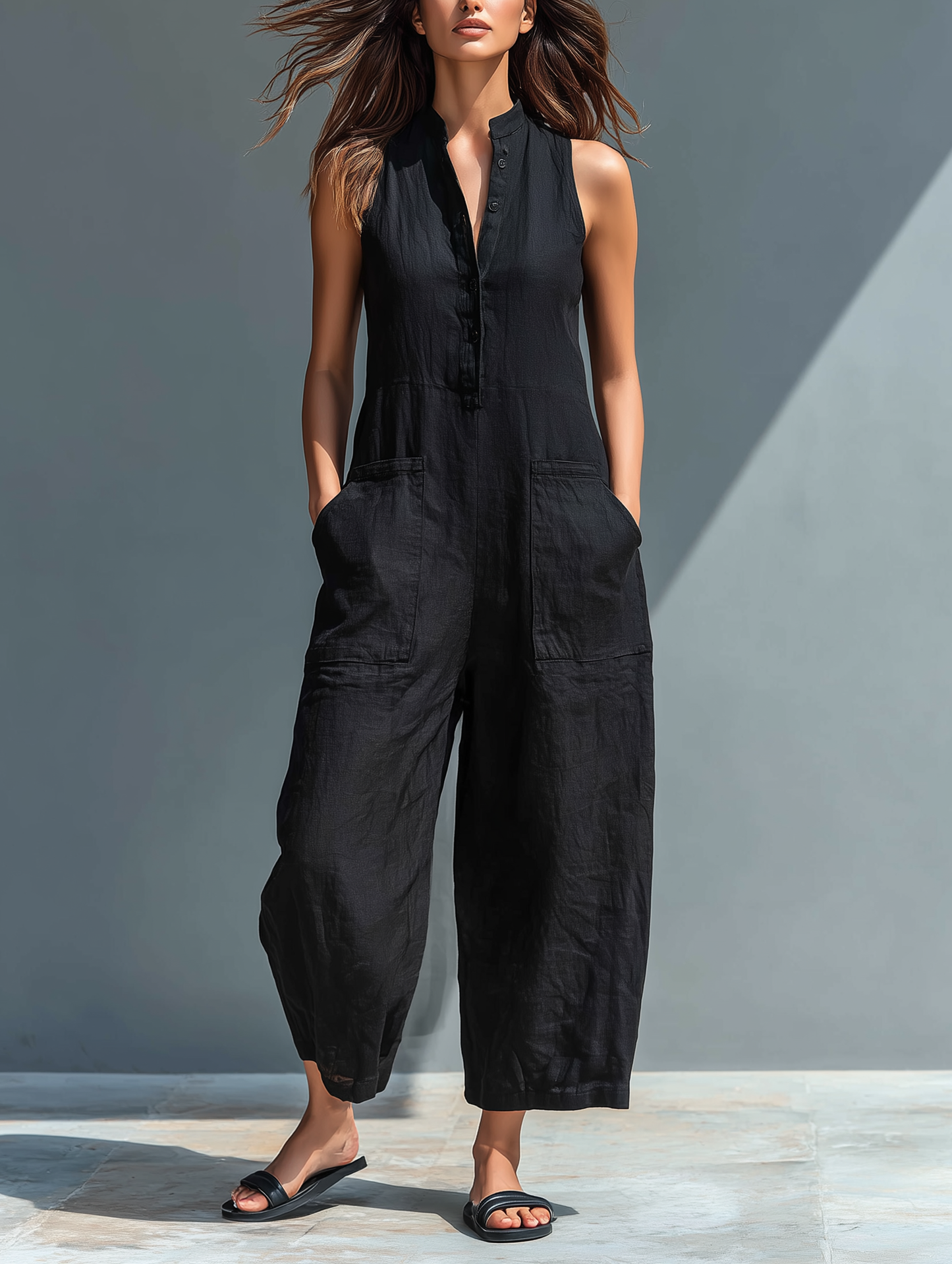 Combinaison Minimaliste Sans Manches pour Femmes avec Col Haut et Boutons