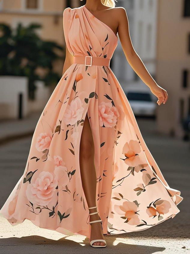 Julie | Robe Maxi Chiffon Fleurie à Une Épaule Vert Clair