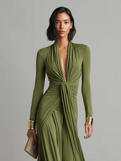 Robe Maxi en Soie Olive à Décolleté en V