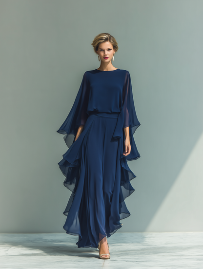 Ensemble Top en Chiffon Bleu Marine avec Manches Évasées et Pantalons à Jambe Droite avec Détails Ruchés