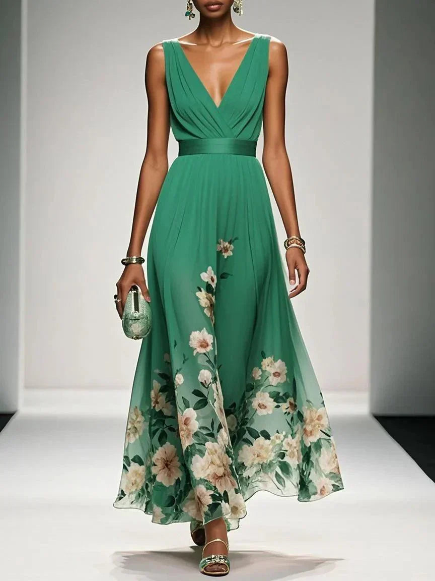 Robe Maxi V-Neck en Chiffon Floral Bleu Clair