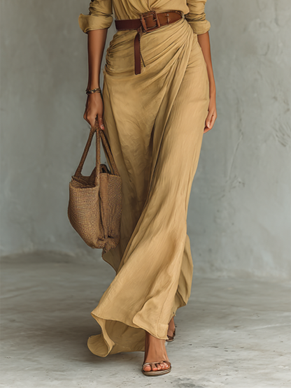 Robe Maxi Longue avec Col Noté et Manches Longues pour Femmes