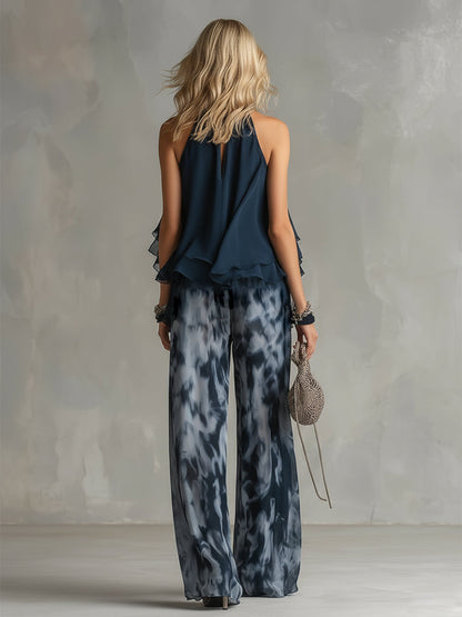 Ludovica | Ensemble élégant top halter bleu marine et pantalon large imprimé