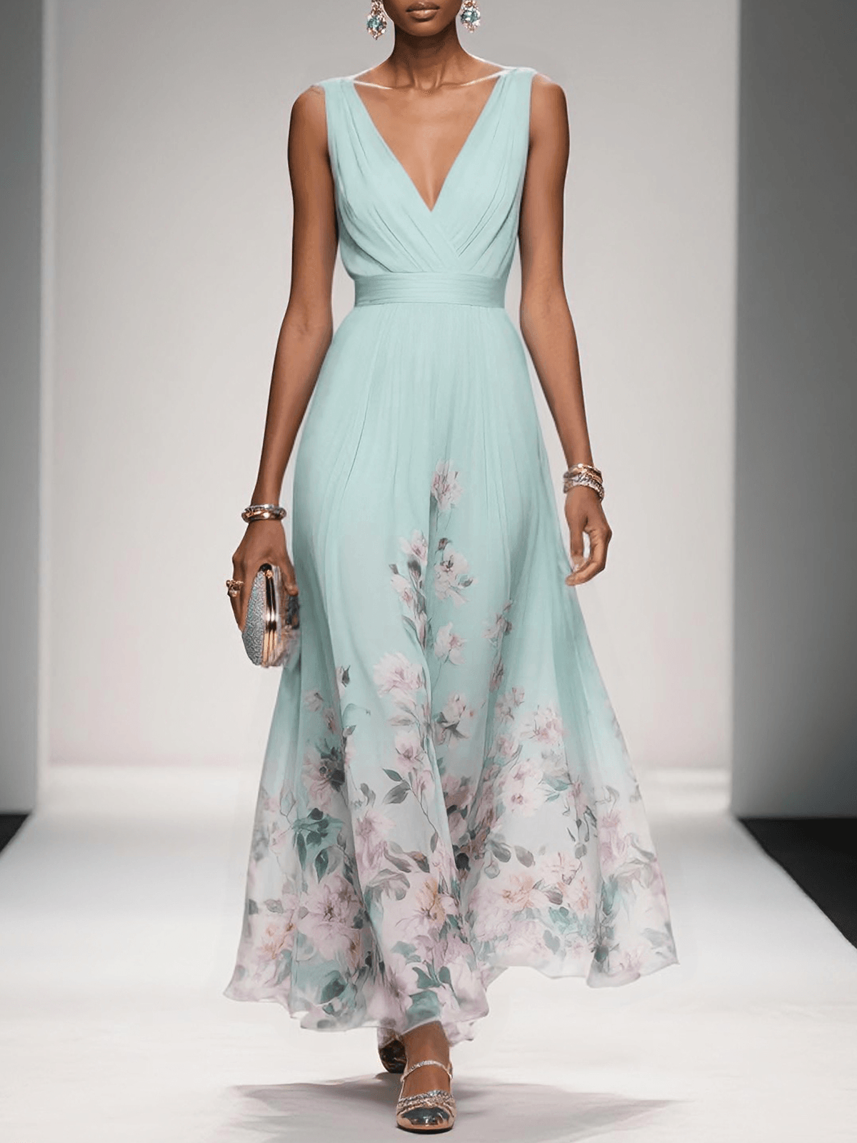 Robe Maxi V-Neck en Chiffon Floral Bleu Clair