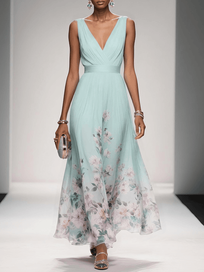 Robe Maxi V-Neck en Chiffon Floral Bleu Clair