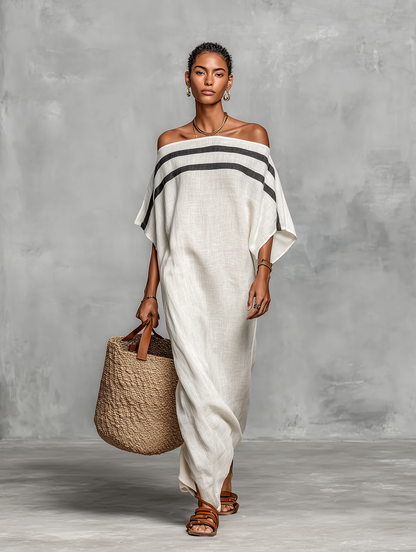 Robe Maxi Minimaliste pour Femmes avec Encolure Bardot et Manches Chauve-Souris