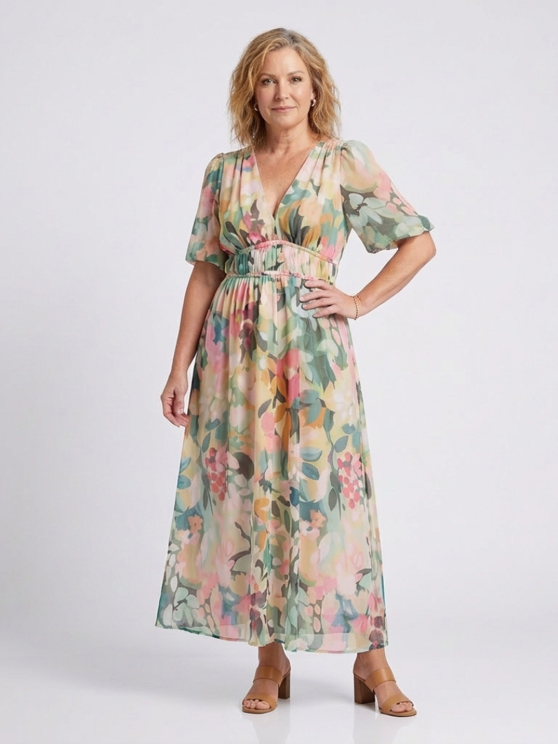 Eulalie | Robe midi à manches courtes et taille froncée en V