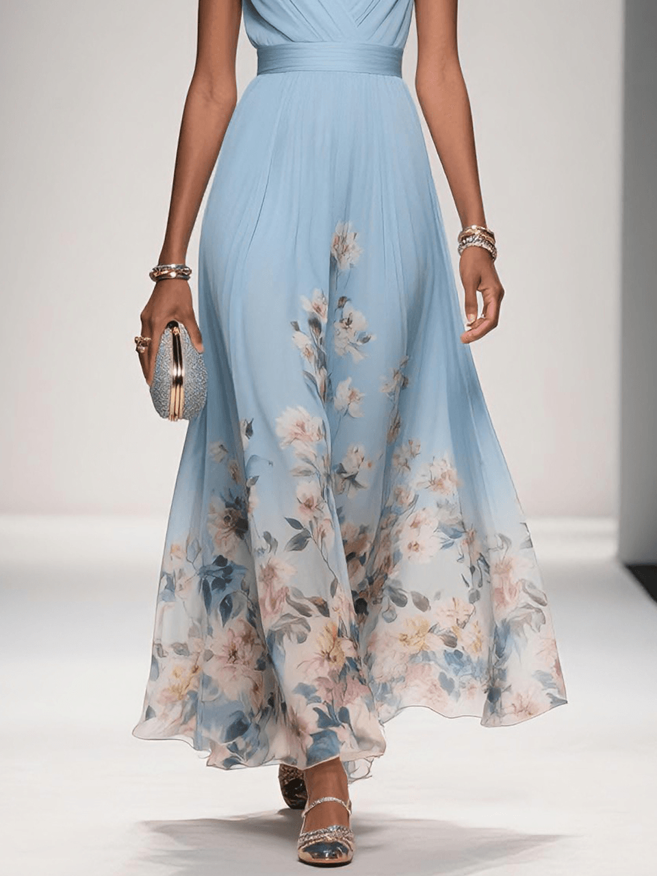 Robe Maxi V-Neck en Chiffon Floral Bleu Clair