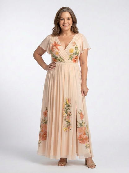Calista | Robe Maxi Fleurie à Manches Courtes en V